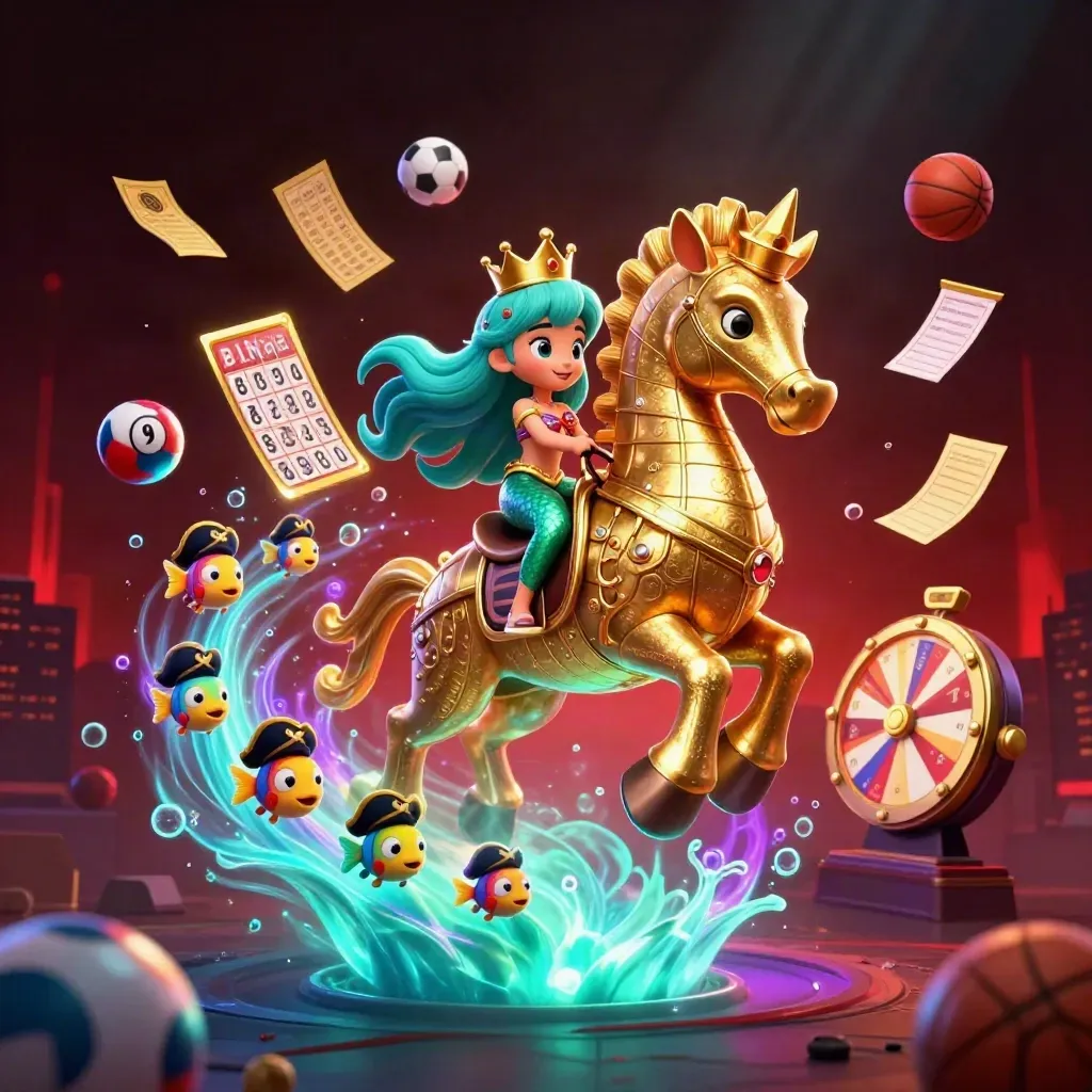 Mermaid princess on golden seahorse amid casino balls, wheel, tickets, and neon bubbles