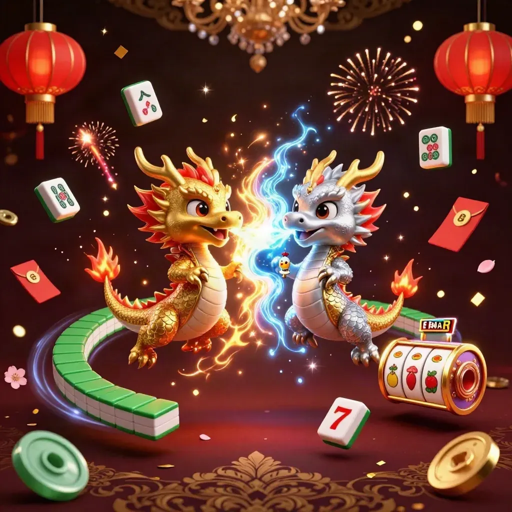 Gold and silver dragons swirl together in a neon casino burst with lanterns, coins, and fireworks.