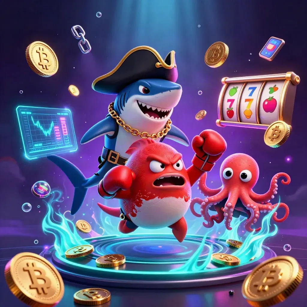 Pirate shark, boxing pufferfish, and juggling baby octopus amid neon casino coins and bubbles