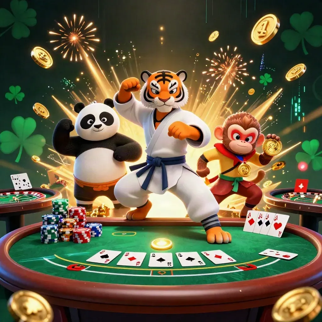 Kung-fu tiger, panda, and monkey amid casino chips, cards, vault burst, and neon fireworks.