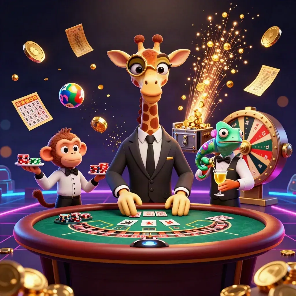 Giraffe high roller with monkey valet and chameleon bartender amid casino jackpot chaos