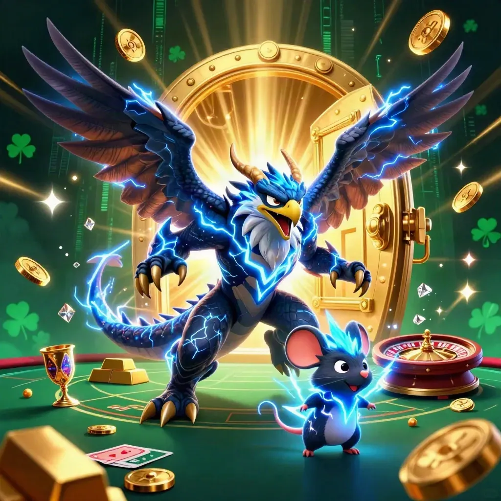 Thunder dragon, hawk, and mouse amid bursting vault gold, roulette, and neon casino lightning.